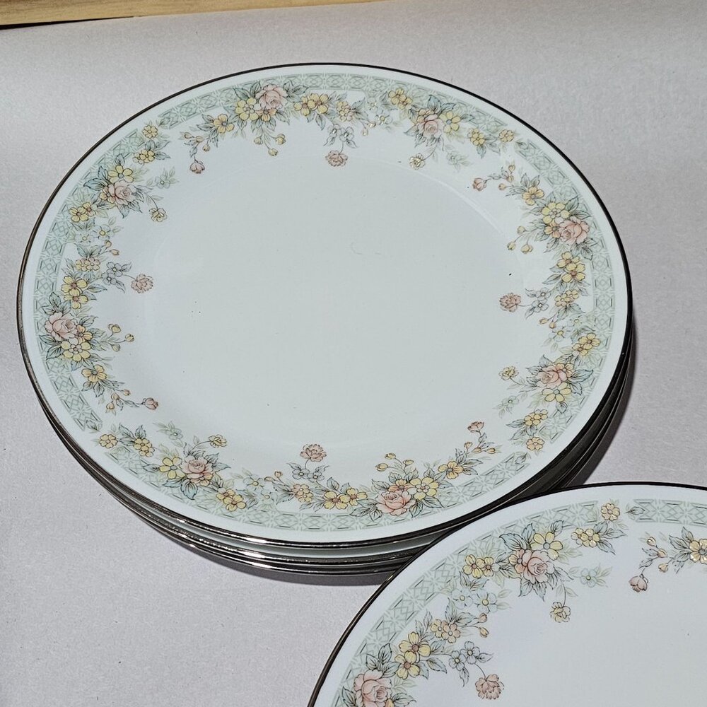 5 Noritake Spring Field Salad Plates delicate flowers vtg  Japan silver rim gree - Picture 7 of 8
